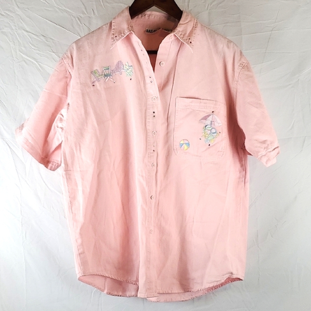 Vintage Pink‎ Cotton Beach Embroidered Button Up Top